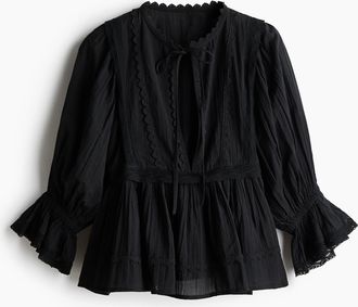 H&M Baumwollbluse mit Spitzenbesatz - Schwarz
