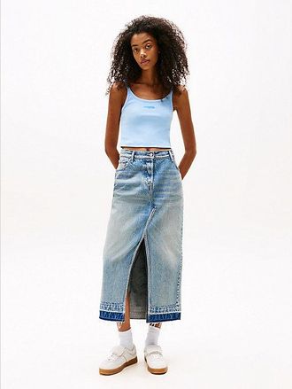 Tommy Hilfiger Front Slit Faded Denim Midi Skirt