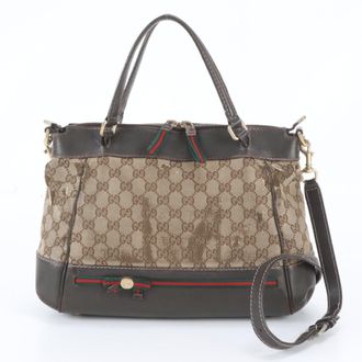 Gucci Beige Brown Leather Canvas Handbag Shoulder Bag Tote Bag (Pre-Owned)