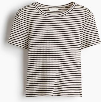 H&M Geripptes T-Shirt - Weiss/Dunkelbraun Gestreift