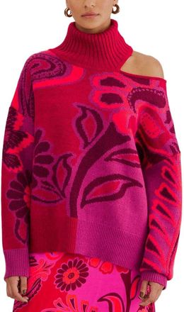 Farm Rio Bold Floral Pink Neck Knit Wool-Blend Sweater