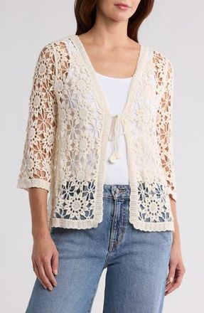 Forgotten Grace Cotton Floral Crochet Tie Front Cardigan in Natural at Nordstrom Rack, Size Medium