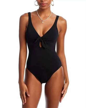 Robin Piccone Ava Plunge Neck Tie-Front One Piece Swimsuit In Black