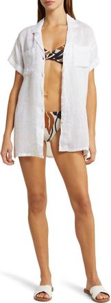 Vitamin A Playa Pocket Linen Cover-Up Button-Up Shirt in White Ecolinen at Nordstrom, Size X-Small
