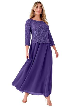 Roaman's Plus Size Sequin Lace Three Quarter Sleeve A-Line Gown in Midnight Violet at Nordstrom, Size 26P