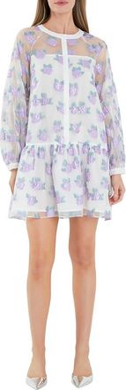 English Factory Floral Button Front Long Sleeve Organza Minidress in Lilac at Nordstrom, Size X-Small