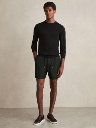 Reiss Dark Green Textured Drawstring Shorts, 28