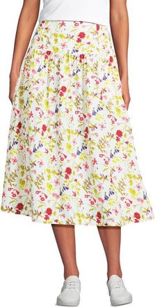 Lands End Poplin Drop Waist Midi Skirt in White Multi Garden Floral at Nordstrom, Size 4P