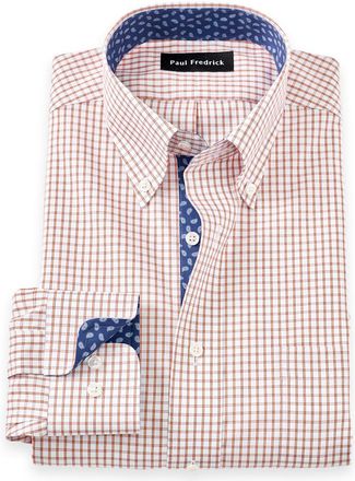 Paul Fredrick Slim Fit Non-iron Cotton Check Dress Shirt With Contrast Trim