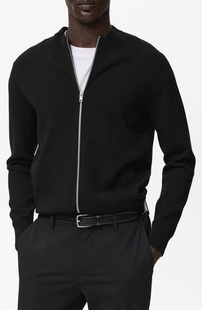 Mango Crewneck Zip Cardigan in Black at Nordstrom, Size Medium