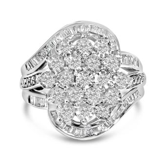 House of Brilliance Sterling Silver 1.0 Cttw Diamond Swirl Cluster Cocktail Ring