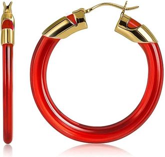 Gold & Honey Womens Classic Flat Lucite Birthstone Hoop Earrings In July - Ruby