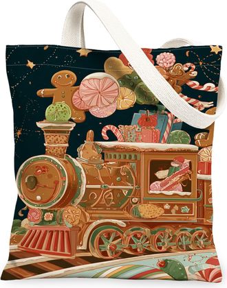 Generic Fanciful Canvas Tote Bags, Vintage Train Pattern Reusable Grocery Bags, Lightweight Washable Shoulder Strap Canvas for Shopping Travel 13x15 Inch
