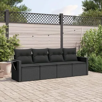 vidaXL Juego De Sof&aacute;s Jard&iacute;n 4 Pzas Con Cojines Rat&aacute;n Sint&eacute;tico Negro Vidaxl