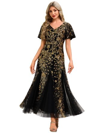 Ever-pretty Womens Sequin Evening Dress Maxi Length V Neck Tulle Short Sleeves Black Gold 14