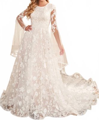 Mon Cheri Long Sleeve Lace & Tulle Wedding Dress In Ivory/tea Rose