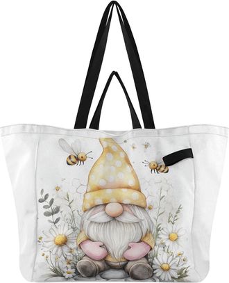 Generic Gnome Honeybee White pattern Reusable Canvas Tote Bag, Heavy Duty Grocery Shopping Bag with Hard Bottom Large Capacity Double Handles Work Groceries T