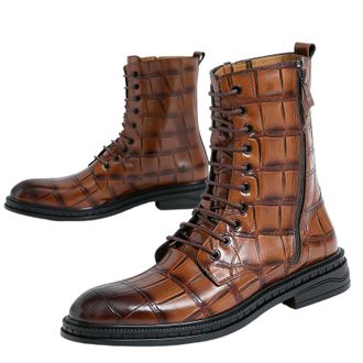 Generic Mens Lace Up Casual Boots with Side Zipper Round Toe PU Leather Short Boots Low Block Heel Dress Booties,Brown,6.5 UK