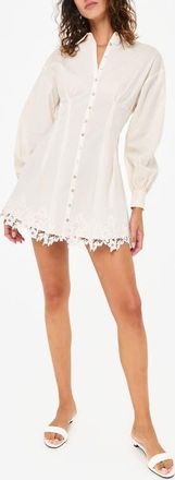 Cami NYC Kimiko Lace Detail Long Sleeve Cotton Mini Shirtdress in Macadamia at Nordstrom, Size Xx-Small