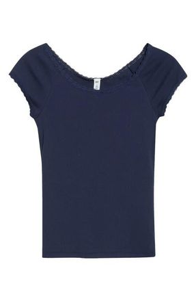 BP. Lace Trim Cotton T-Shirt in Navy Iris at Nordstrom, Size Xx-Small
