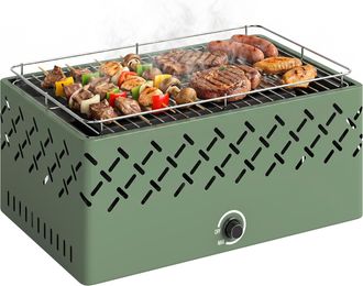 OUTSUNNY Barbacoa De Carb&oacute;n, Barbacoa Port&aacute;til, 45,5x29x21 Cm, Con Ventilador Integrado, Temperatura Ajustable Y Bandeja De Carb&oacute;n, Verde Claro