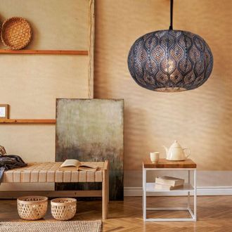 Globo Lighting Lampada a sospensione a soffitto in design orientale lampada a sospensione con paralume rotondo, nero argento metallizzato, 1x E27, DMxH 30x120 cm