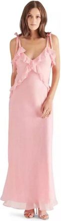 Steve Madden Adalina Maxi Dress Womens Pink Ruffle Tie Shoulder V-Neck PAL53