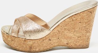 Jimmy Choo London Metallic Gold Glitter Prima Cork Platform Wedge Sandals