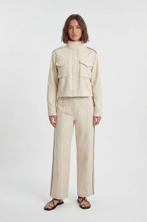 Karen Millen Womens Tailored Military Cotton Striped Jacket - Beige - Size 16 UK