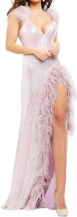Jovani Feather Trimmed High Slit Long Dress In Lilac