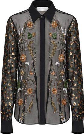 Dries Van Noten Overhemden, Dames, Zwart, M, Pailletten, Shirt met geborduurde bloemen en kralen