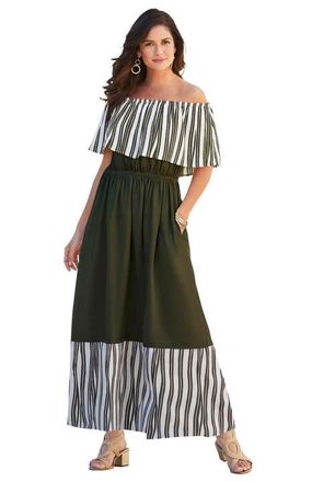 Jessica London Off-The-Shoulder Maxi Dress in Olive Green Stripe at Nordstrom, Size 12