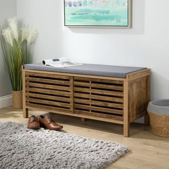 Home Source Industries Luna Shoe Bench Storage Cabinet With Cushion Padded Seat Sliding Doors in Brown