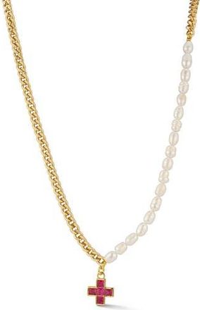Chloe and Madison Partial Faux Pearl Cross Pendant Necklace in Gold at Nordstrom Rack