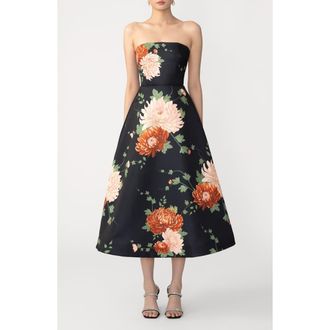 Sau Lee Fiora Floral Strapless Satin Gown in Black at Nordstrom, Size 12