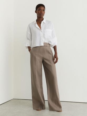 Reiss Taupe Neutral Petite Linen Wave-trim Wide-leg Trousers, 14