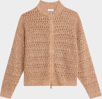 Brunello Cucinelli Paillette Linen Open-Knit Zip Cardigan