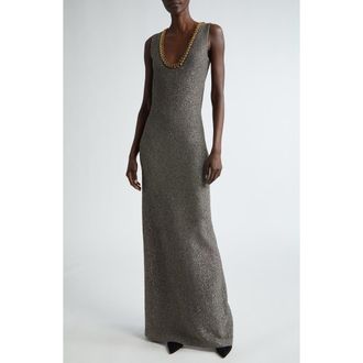 St. John Sequin Embellished Shimmer Tweed Column Gown in Carbon/Gold Multi at Nordstrom, Size Large