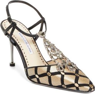Manolo Blahnik Bolero Ankle Strap Pump in Black/Light Beige at Nordstrom, Size 10.5Us