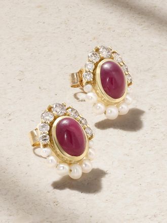 Amrapali London Orecchini In Oro 18 Carati Con Diamanti, Rubini E Perle Navratna