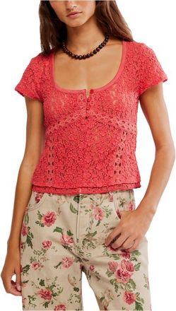 Free People Claro Semi Sheer Lace & Tulle Top in Aged Coral at Nordstrom, Size X-Small