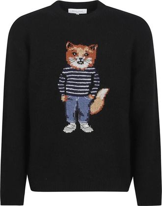 Maison Kitsun&eacute; Dressed Fox Intarsia wollen trui - Heren - Ronde hals truien - Zwart - L - Wol - Truien & Vesten