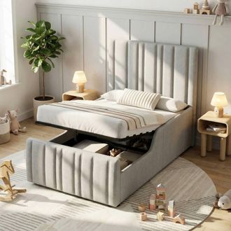 Matteo Grey Linen Upholstered Single Childrens Bed with Hydraulic Storage