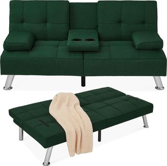 Best Choice Products Modern Linen Convertible Futon Sofa Bed w/ Removable Armrests, Metal Legs, Cupholders