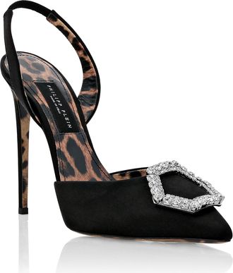 Philipp Plein Satin Decollete slingback Hi-Heels Crystal Hexagon