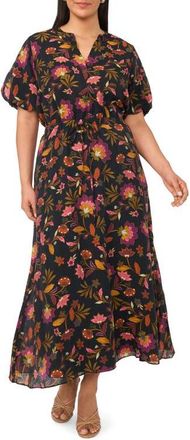 Vince Camuto Print Tie Waist Puff Sleeve Maxi Dress in Rich Black at Nordstrom, Size 1X