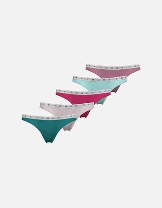 Tommy Hilfiger Womens 5-Pack Repeat Logo Waistband Thongs, Green/Pale Pink/Hot Pink/Aqua/Rose - Size: 16/18/16