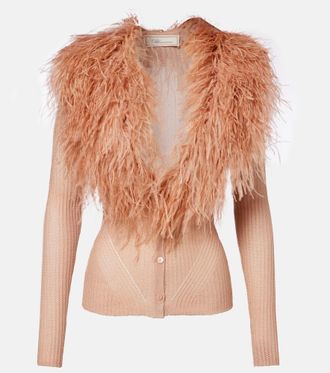 Blumarine Feather-trimmed ribbed-knit cardigan