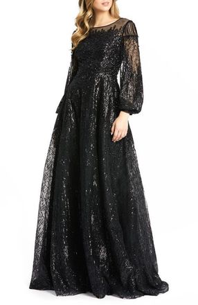Mac Duggal Jewel Encrusted Illusion Long Sleeve A Line Gown in Black at Nordstrom, Size 10