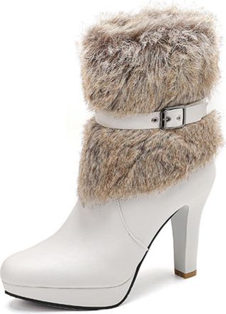 Generic Womens High Heeled Ankle Boots PU Leather Platform Boot with Side Zipper Round Toe Winter Snow Boots with Buckle,White,4.5 UK